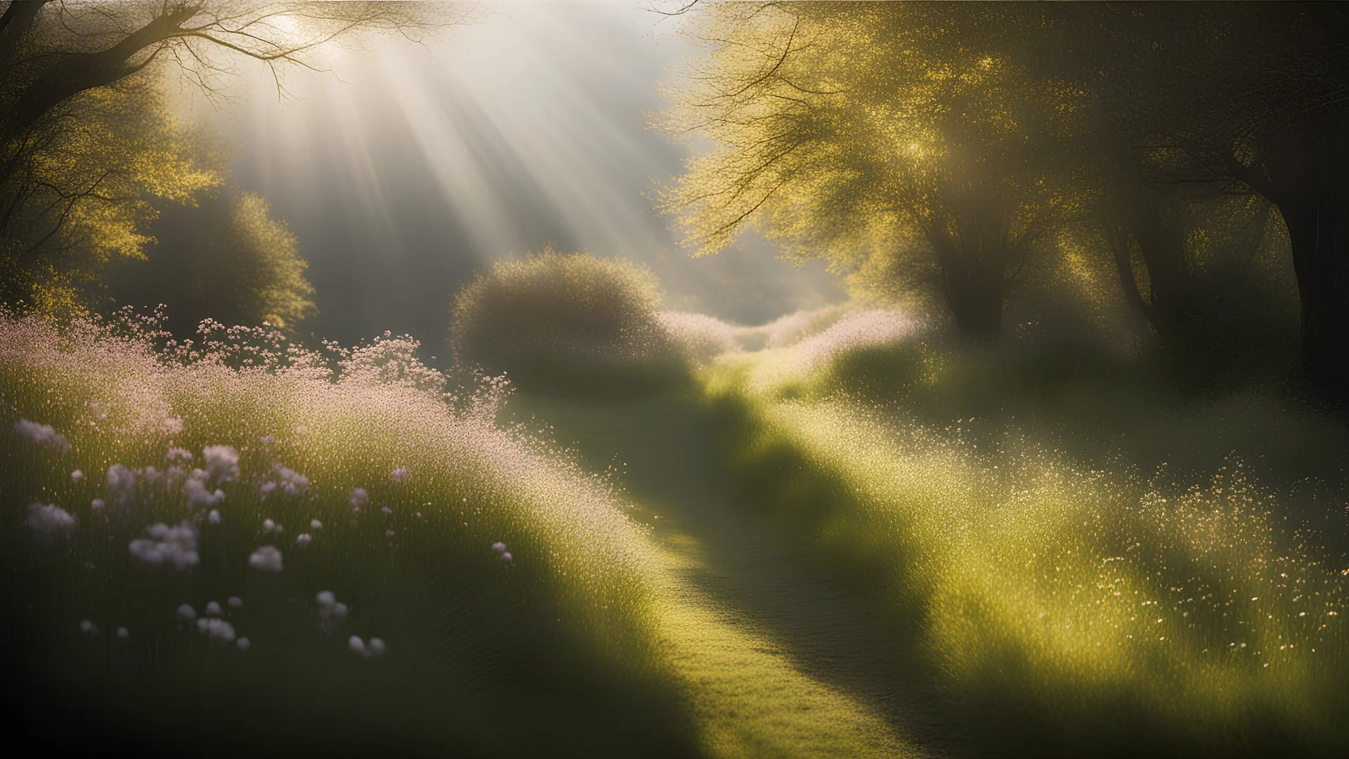 calm beauty, uplifting, inspiring, therapeutic, landscape, springtime, sunlight, chiaroscuro, color, award-winning colour photograph, Nikon 85mm