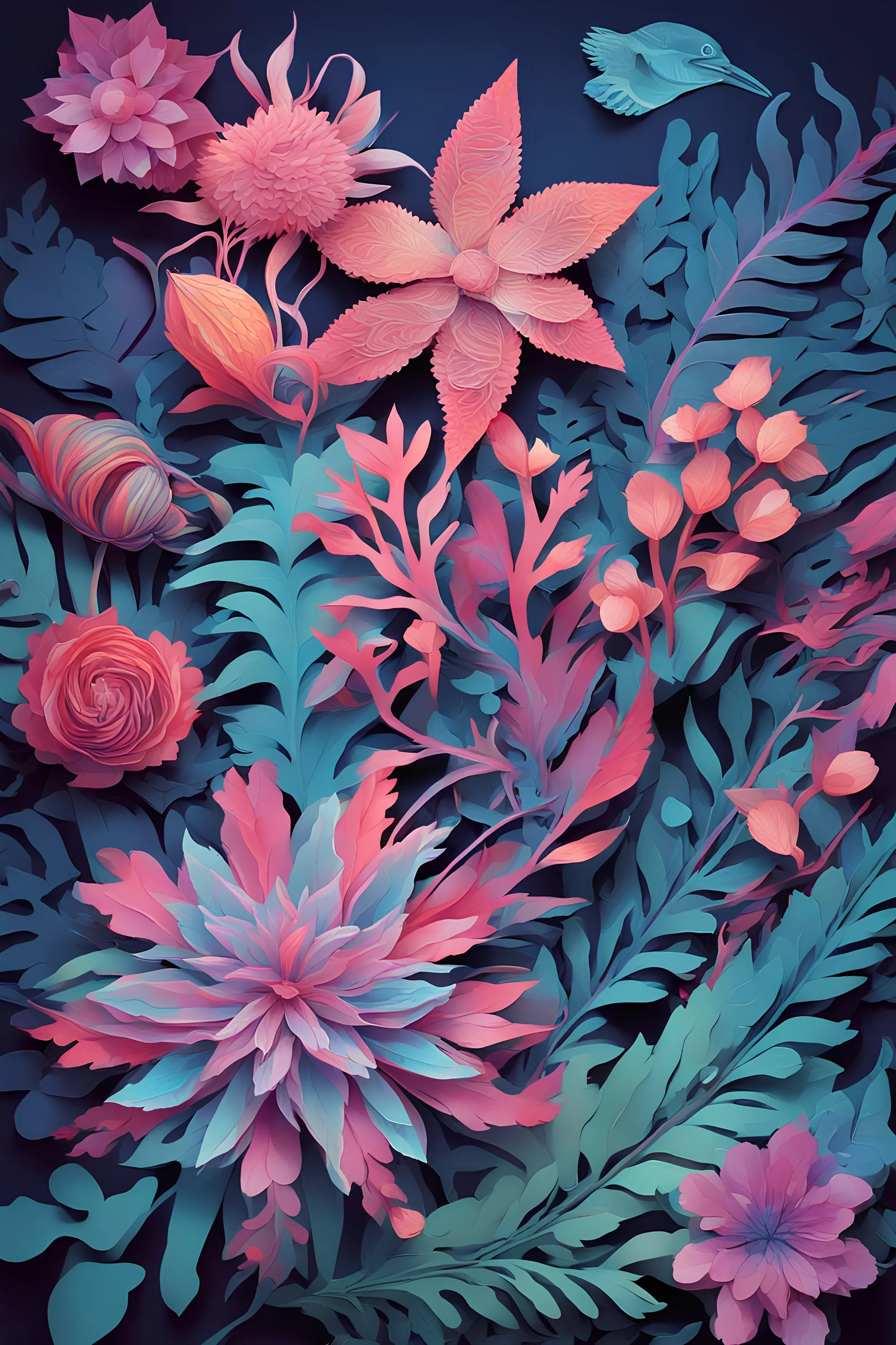 Paper craft in the style of plants and flowers by Ernst Haeckel Maria Sibylla Merian. Tristan Eaton, Victor Ngai, Artgerm, Ras, Ross Rees, Katie Butcher, Hajime Sorayama, Greg Toccini, Virgil Finley, Science fiction, Colors, Neon lighting. Digital painting, Pixiv, Ilya Kuvshinov, Neon lights, , Perspective