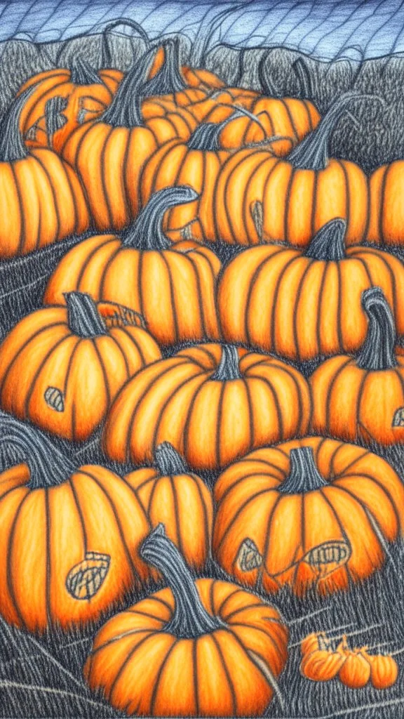 pencil drawing with colored pencils of a pumpkin patch