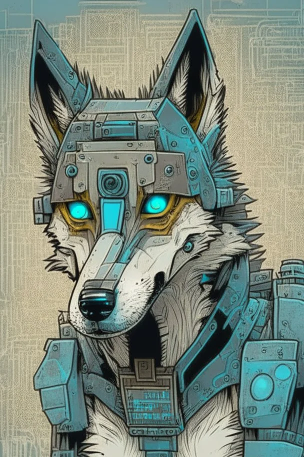 Robotic wolf looking at the camera, comic style