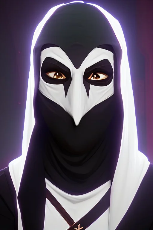 Planet Mercury portrayed as a masked human wearing medieval robes, the right side of the mask is black with open white eye, the left side of the mask is white with closed eye