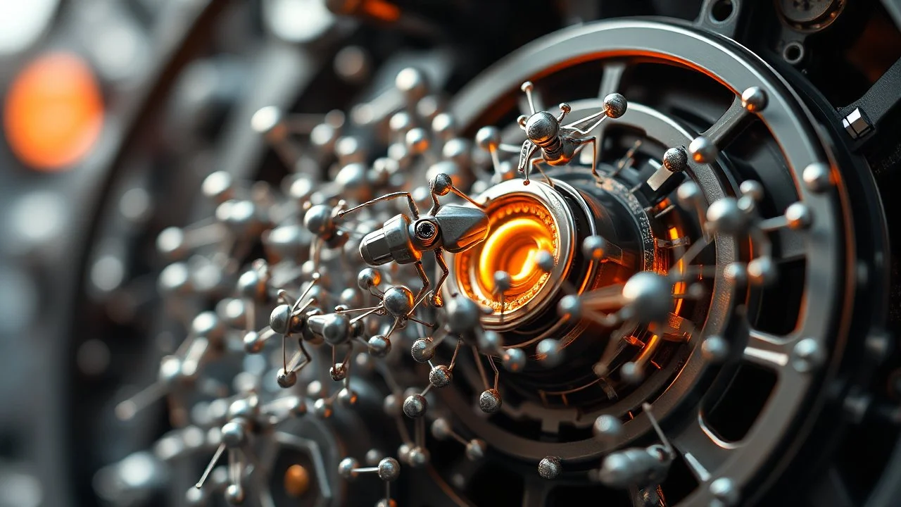 A highly detailed close-up of a swarm of nanobots repairing a complex piece of machinery. The tiny robots work together in perfect synchronization, their actions guided by a central AI system. Award-winning photograph, beautiful composition, exquisite detail and illumination