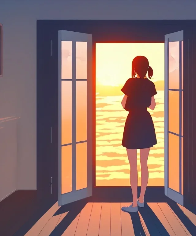 anime style illustration, sad girl sitting on the balcony, looking out of the window, sunset, breeze, shot from inside the house, grain, makoto shinkai, key visual