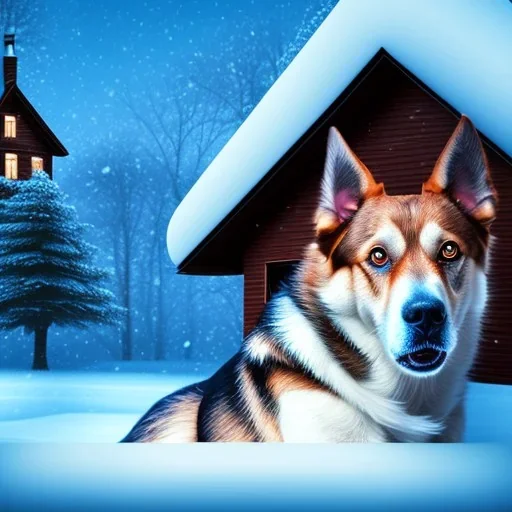 SAD, SCARED, DOG TIED TO TREE, HOUSE IN BACKGROUND, SAD, SCARED DOG, HOUSE BACKGROUND, WINTER,