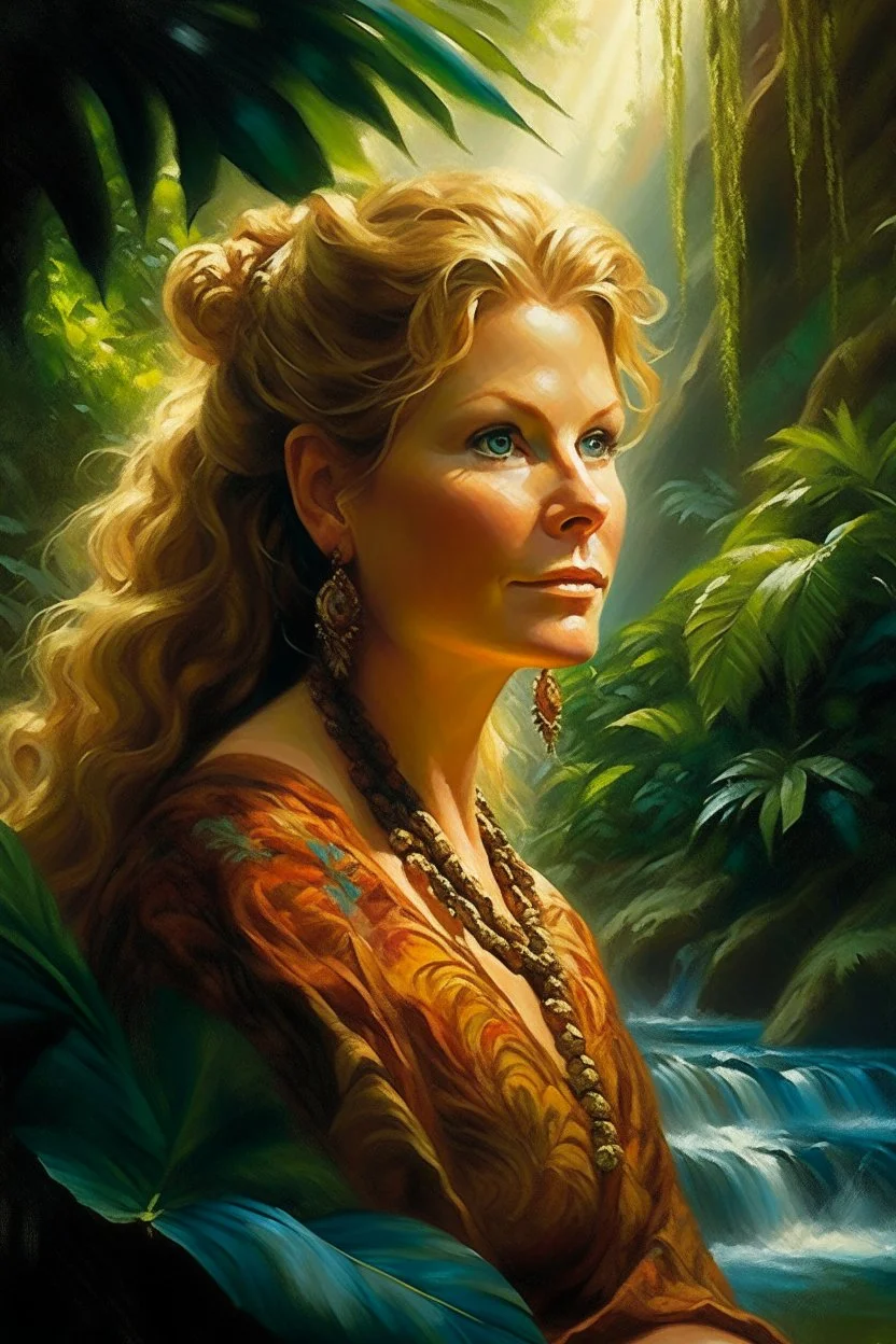 A captivating portrait of Erna Solberg who's husband is devoted to inside trading, which appears to be on fire, as her wavy locks flow in a flowing tropical jungle-waterfall breeze. She wields a beautiful bow, decorated with intricate embellishments and graceful designs. The sunlight casts long shadows, emphasizing the delicate beauty of the woman and evoking a sense of mystery and connection. The shallow depth of field isolates the woman and the desert environ