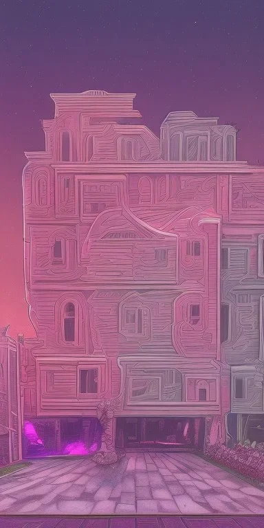 Snoop dogg. a chair. pink houses, pink sky, pink smoke, trees