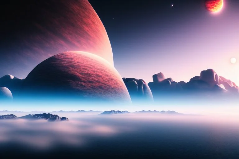 Epic exoplanet in the horizon, clouds, big mountains, water, science fiction landscape, photography, ultra hd 4k, hyperrealism