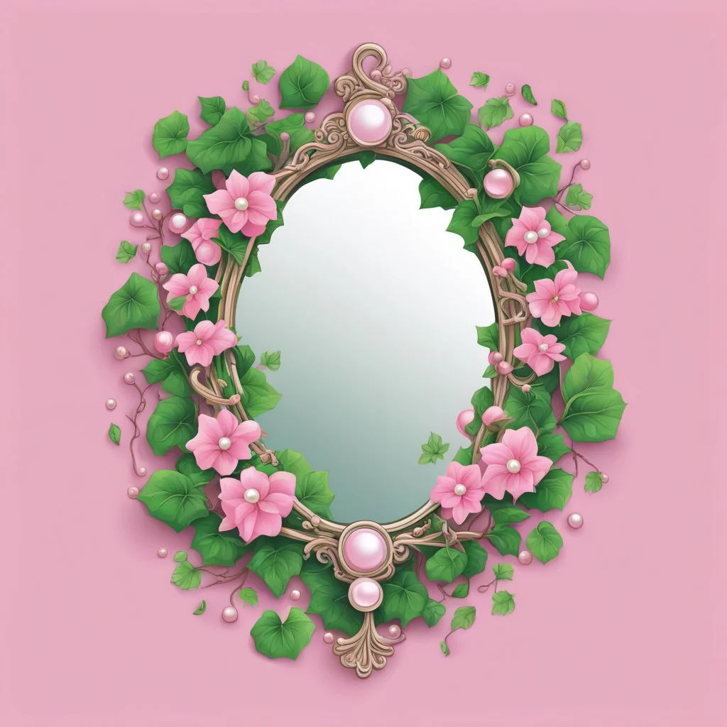 Create an Artwork of a Mirror with ivy branches and pearls necklace, Like a creative Logo for a Varasity Jacket to put a random number uin it, Vector illustration. Colors should be pink and green