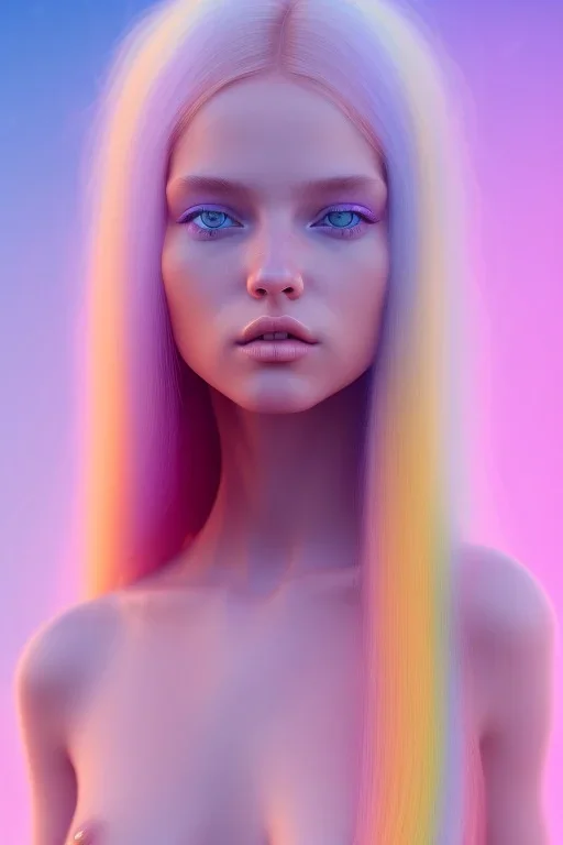 girl nude, cute, beautiful, long blond hair,blue eyes rainbow hair, rainbow dress, close up portrait by Greg Rutkowskiy