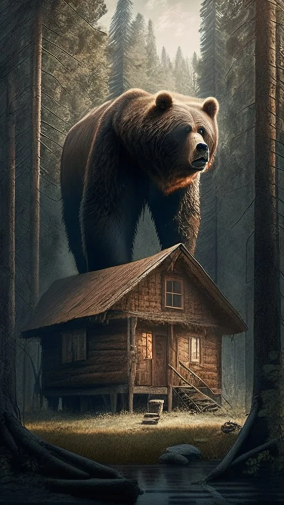 A cabin in the woods, a big brown bear, a movie scene, a more accurate picture