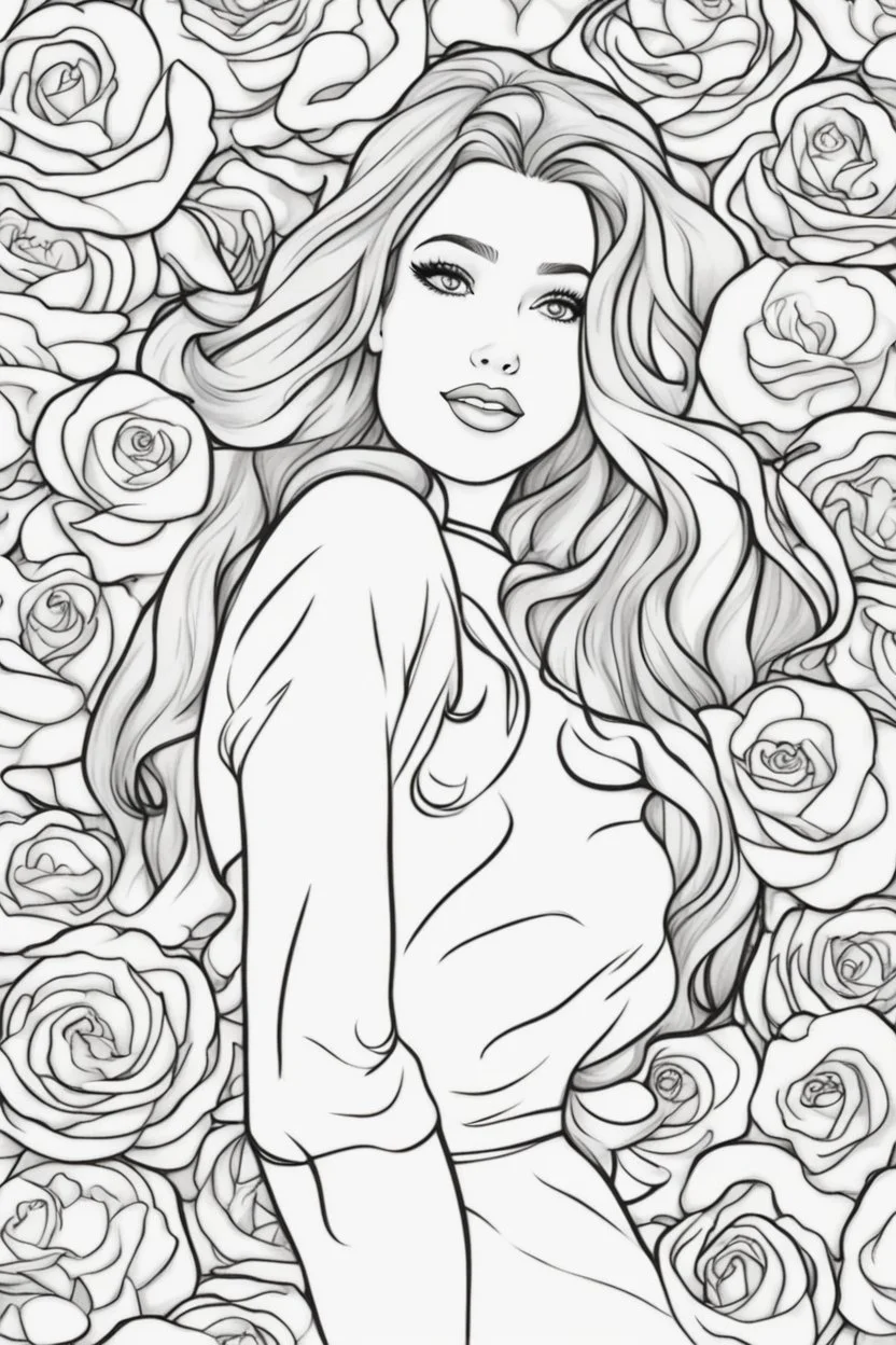 modern cartoon drawing style high contrast coloring page of a happy beautiful woman with long hair, surrounded by roses, close up head shot, dynamic pose, upper body portrait, illustration, adult coloring page, thick outline, no details