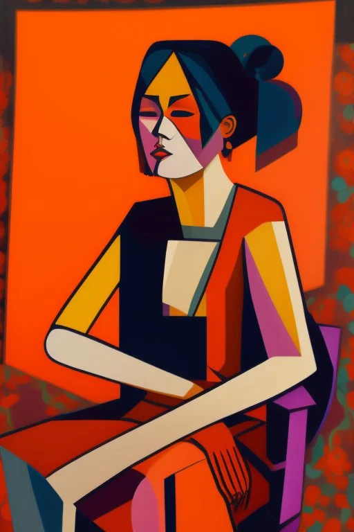 painting of a tired woman sitting on a chair, cubist vibe, sleeveless, oilpaint, variations around female, scarlet and orange blast color dynamics, 1970s philippines, family portrait,centre composition, viet aspect