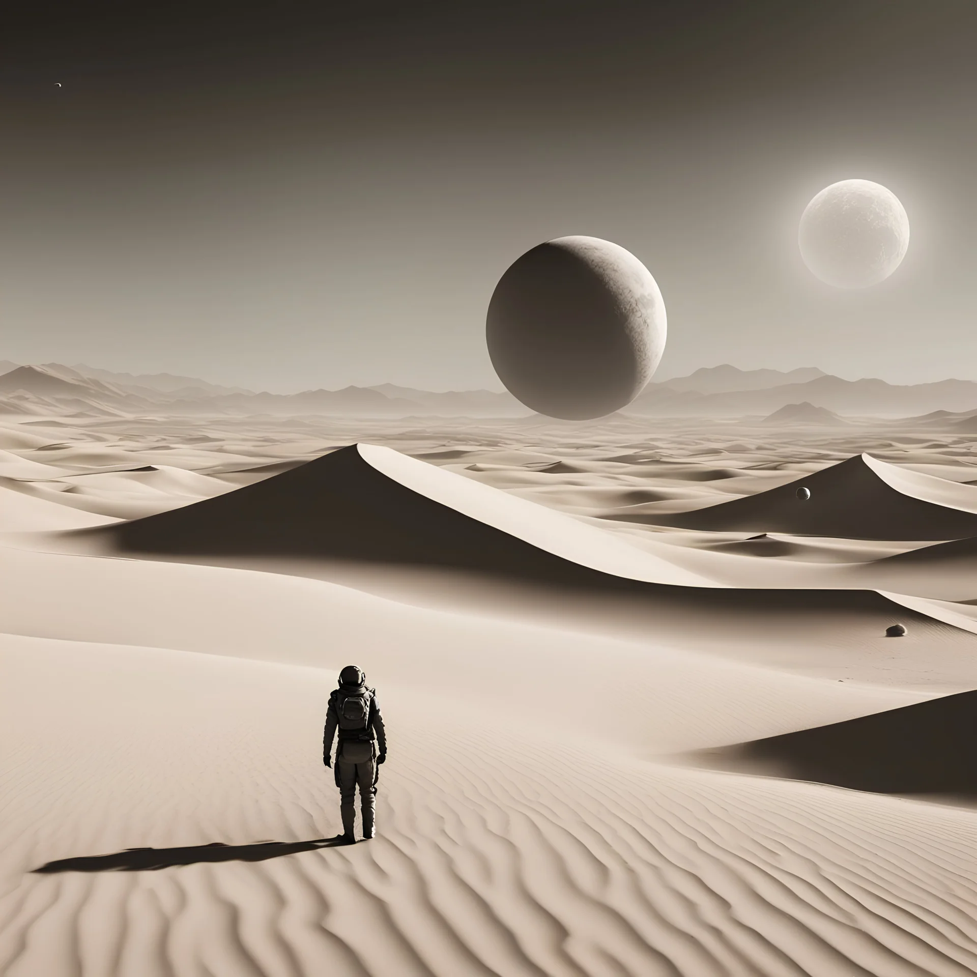 person alone in planet ,analog ,b&w ,Dune-Desert Planet Arrakis: Image of a barren, sandy desert planet with two moons in the sky, conveying the harsh environment of Arrakis., Alexandro Jodorowsy Art,Juan Gimenez Art,Space Art,Sci-Fic Art,Dark Influence,NijiExpress 3D v2,Kinetic Art,Datanoshing,Oil painting,Ink v3,Splash style,Abstract Art,Abstract Tech,CyberTech Elements,Futuristic,Epic style,Illustrated v3,Deco Influence,Air Brush style,drawing