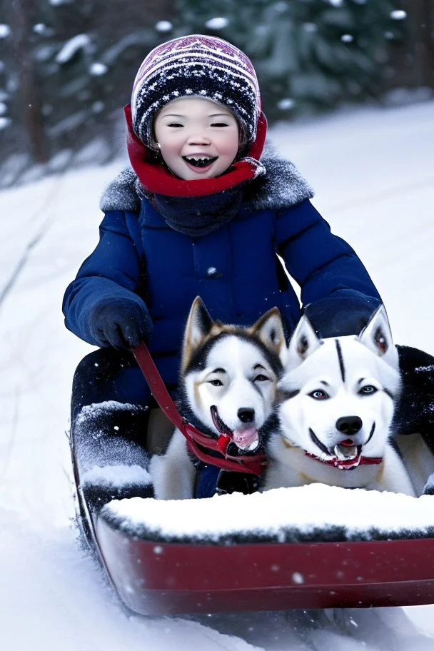 niño y niña viajan en un trineo tirado por un husky