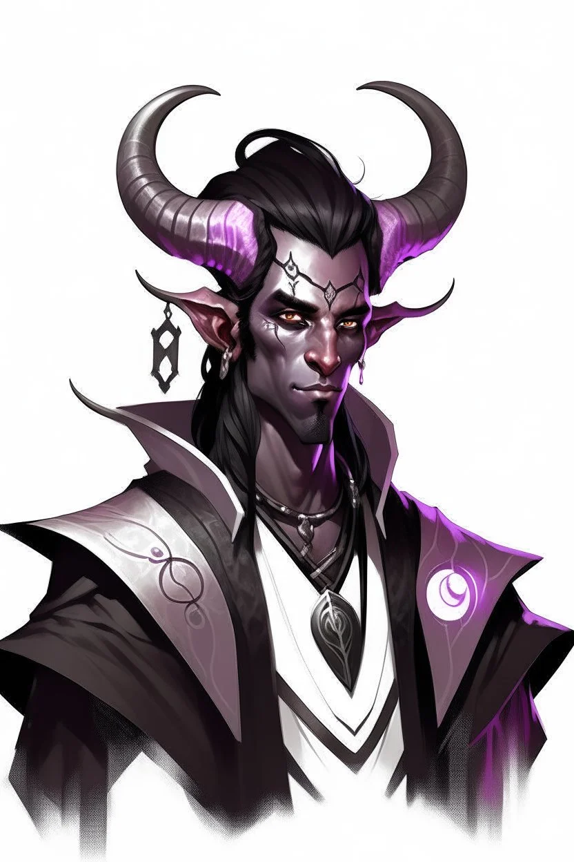 En Young male Black skin black hair tiefling White Wizard with large Black horns with a bit of Purple horns same size going from the front to the back. glowing Silver and White symbols