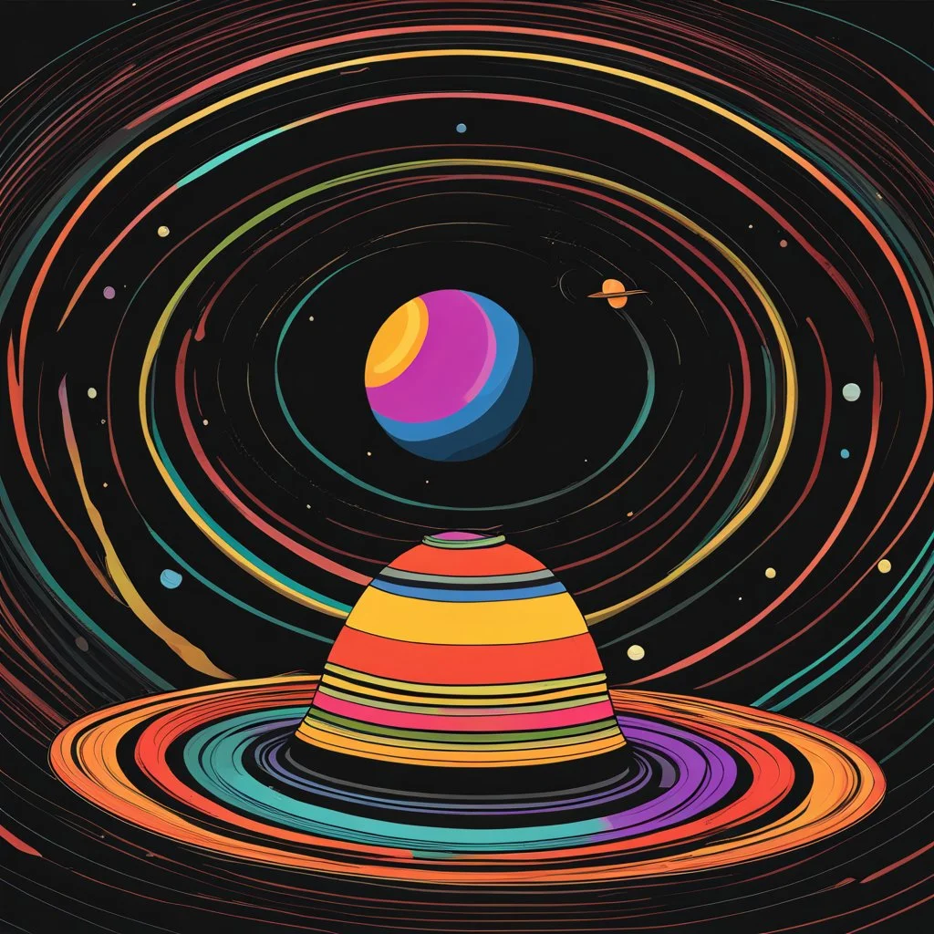 Fantastical hat, Sun sun hat which looks like the planet Saturn with the rings of Saturn making up its brim, black background, by Moebius, bright astral colors, digital art.