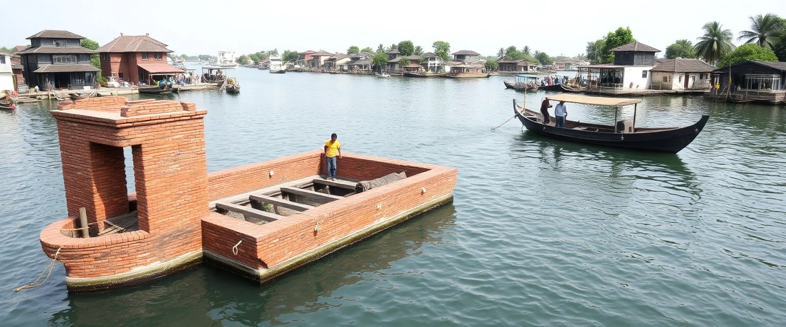 square boat made of bricks lotsa bricks, with beautiful water around, and a few workers on it