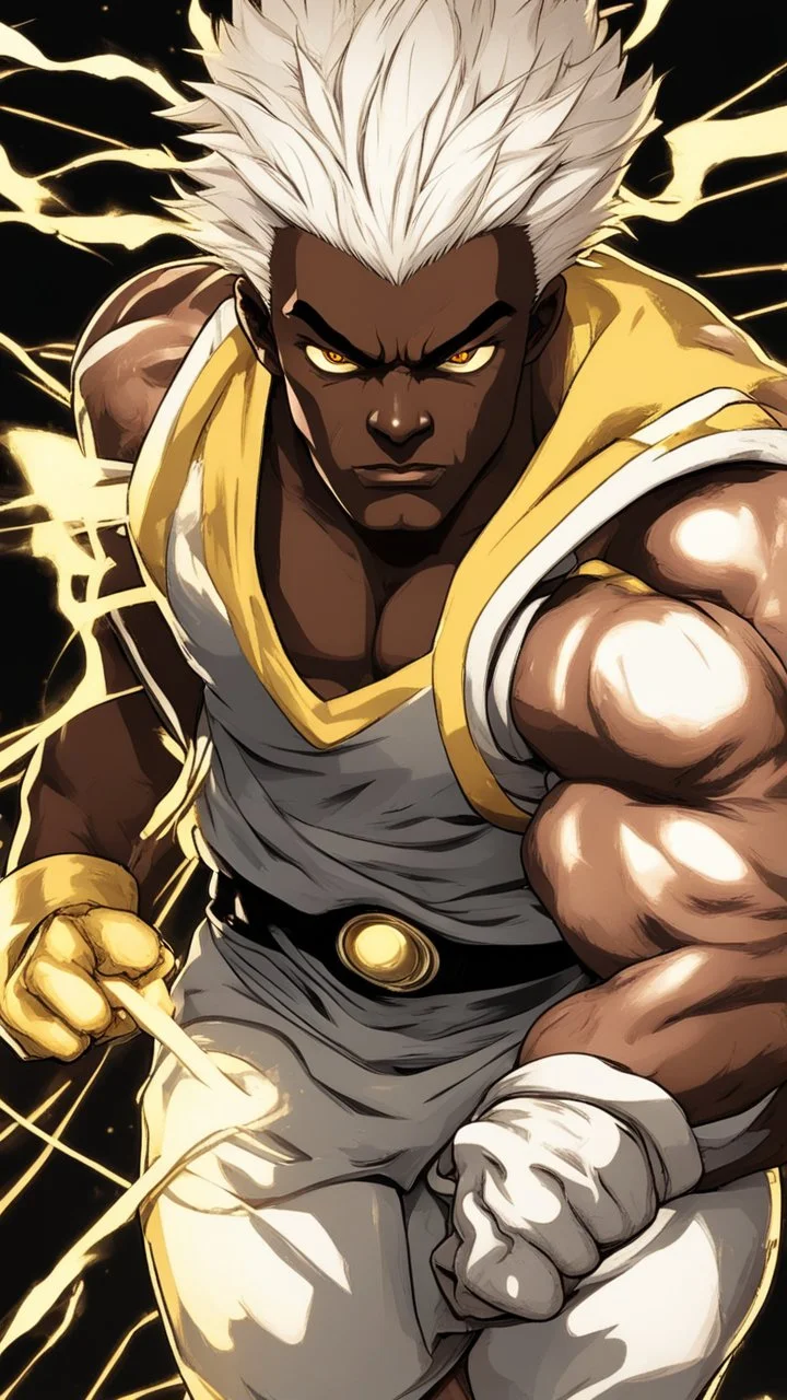 A close picture to a man with dark skin and fighting with his hands have white Pretty hair and yellow glowing eyes and strong muscles