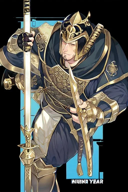 A handsome 30 year old knight, black hair, male bob haircut, in black-and-gold plate armor, golden katana in both hands, no beard, european, proper arms