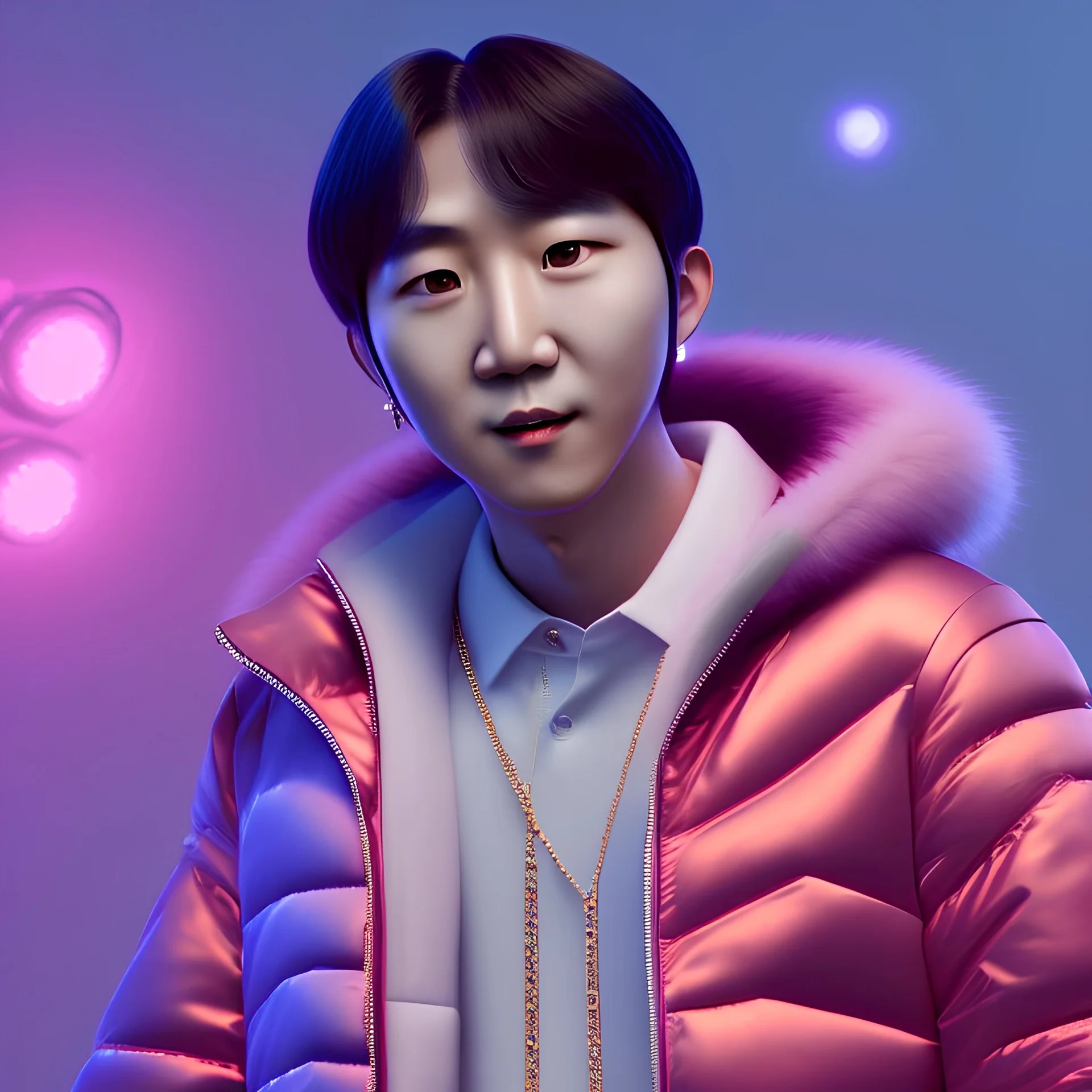 pixar style anamorphic Korean band BTS, smiling, gangsta gold neckless, full body, magenta puffer jacket, manila city backdrop, dramatic lighting, hyper-realistic, unreal engine 5, 16k. full detailed, bitcoin