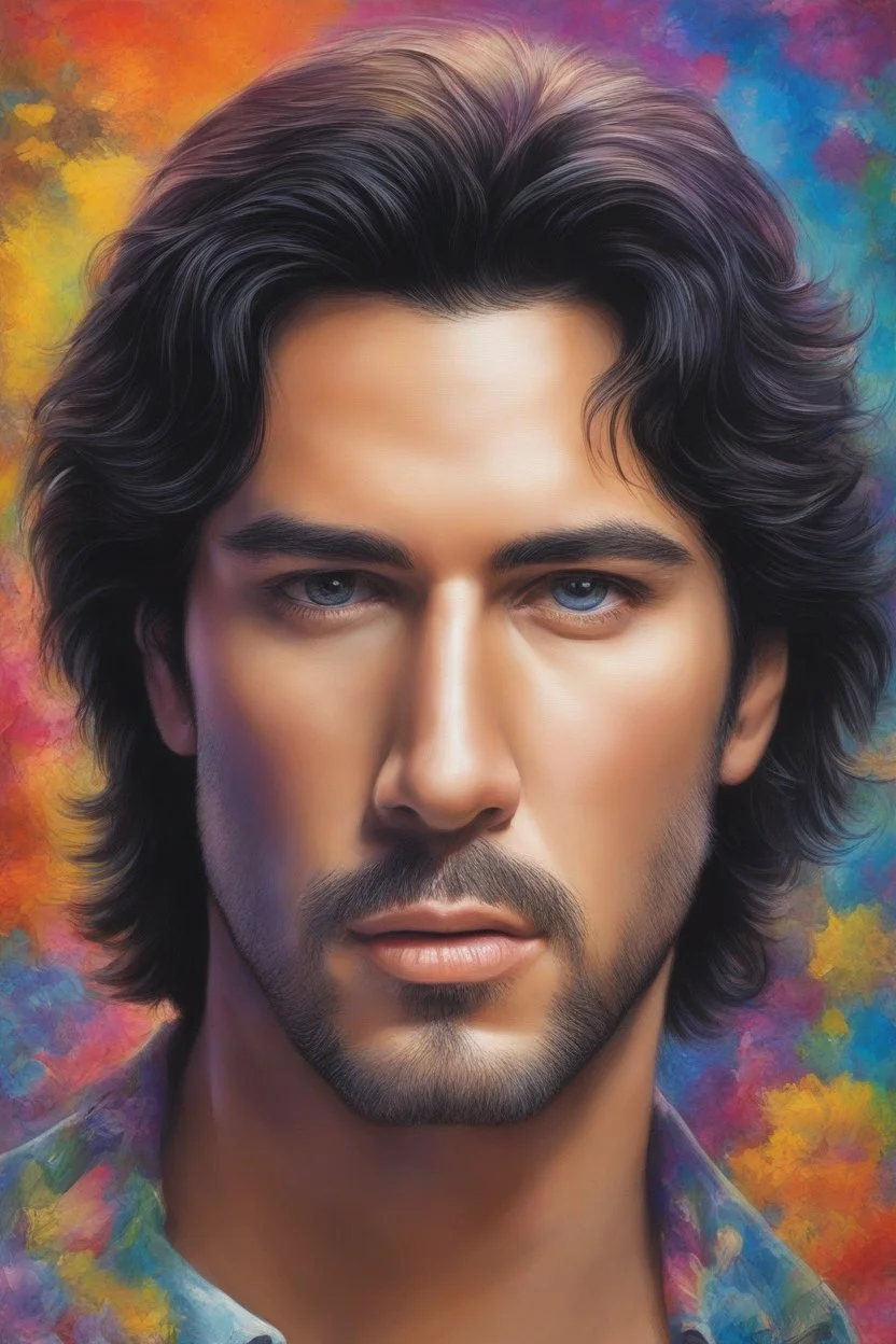 a man's face is the face of a clock, Paul Stanley/Elvis Presley/Keanu Reeves/Jon Bernthal, multicolored, large, Floral/rainbow designs, atmospheric, beautiful, oil painting by Boris Vallejo, 4k UHD, Photorealistic, professional quality