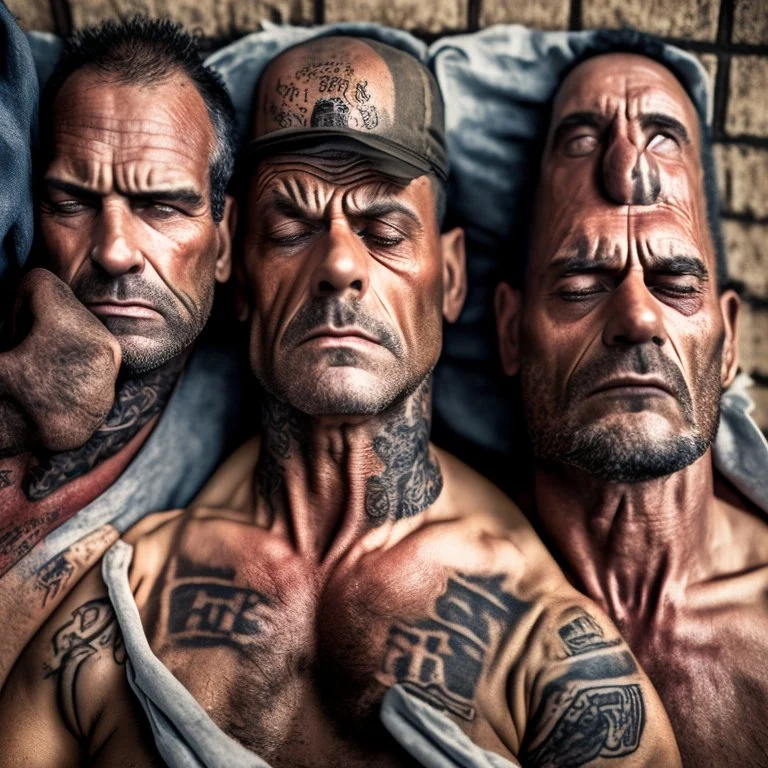 close up 35mm lens, top view of three gipsy prisoners 45 years old sleeping laying down inside a dirty jail, ugly, bullneck, strong beefy, in tank top, manly chest, tattoo, misery and poverty, photorealistic, ultradetailed, 32keyes