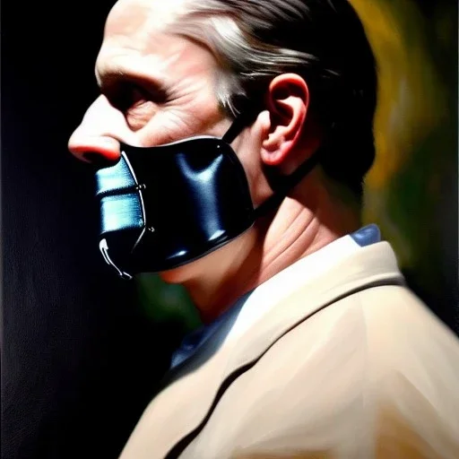 Ultra detailed fullbody Portrait in oil on canvas of Hannibal Lecter with mask,intense stare, extremely detailed digital painting, extremely detailed face,crystal clear Big Glowing eyes, mystical colors ,perfectly centered image, perfect composition, rim light, beautiful lighting, 8k, stunning scene, raytracing, anatomically correct, in the style of robert e howard and Ken Kelley and Ohrai Noriyoshi and Simon Bisley and tomzj1