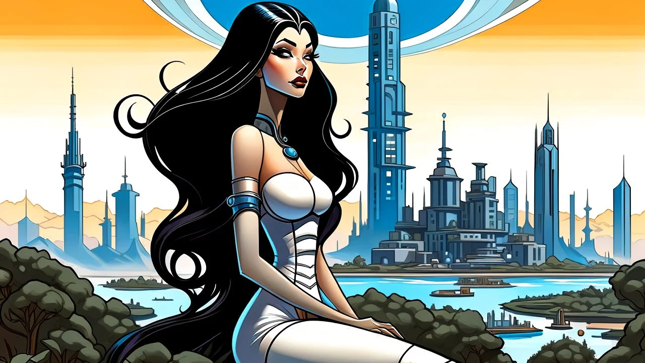 exotic sci-fi pin-up girl, with long dark hair, on an alien planet with cloud trees, tall spires and buildings