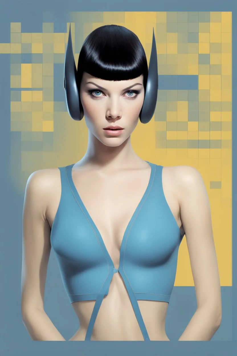 facial portrait -- an absolutely stacked, thin, petite, little female, who resembels Spock, with great big giant bazoombas, short, military-cut, buzz-cut, pixie-cut black hair tapered on the sides, bright blue eyes, wearing short sleeved, nylon, Turtleneck half shirt, blue jean mini shorts, heavy, black fishnet stockings, punk rock styled, platform boots, red lipstick, dark, emo, eye makeup, a black and gray gradated wall with fog in the background