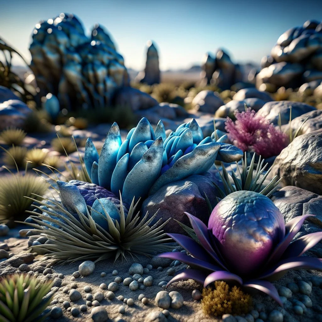 A striking photograh close-up captures a hyperrealistic wasteland with group of plants and glossy material, adorned with minerals and rocks. Bathed in intense light, eerie, giant blue sun, 8k, deep 3d field, rock formations, strong texture, extreme detail, intricate, colours, rich moody colors, sparkles, bokeh, 33mm photography