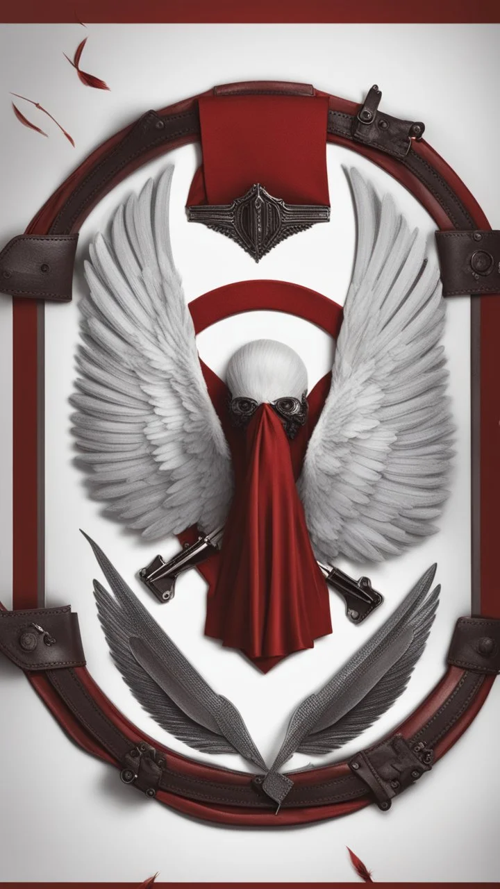 White clipped wings on a red fabric, next to scissors and black leather gloves. Cinematic image