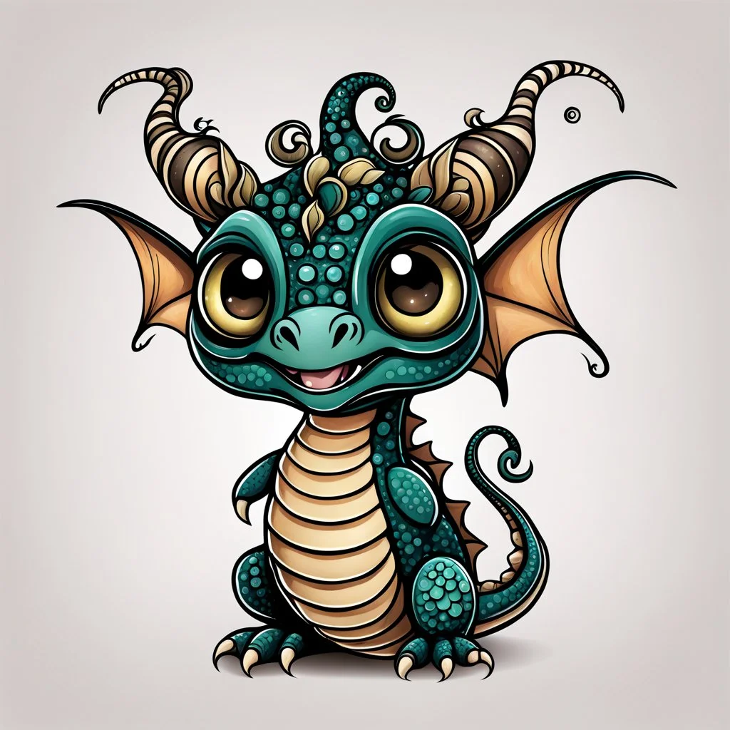 A whimsical, stylized crepy cute dragon with a round, expressive face and large, almond-shaped eyes against a textured transparent background. It has an elongated neck with horizontal stripes in various dark colors, a curly tail, little cute ears, and small dark shiny sprouts emerging from its head. weird cute illustration, logo art