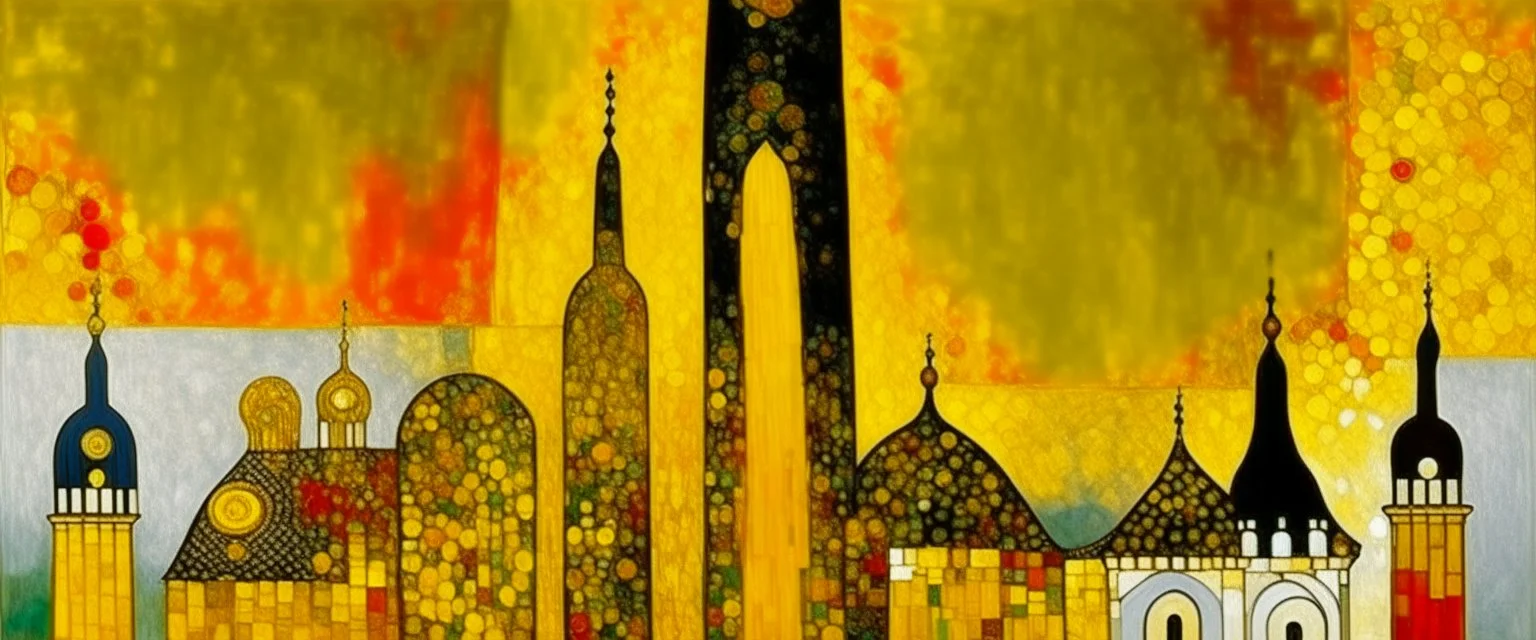 A yellow spire with sunlight painted by Gustav Klimt