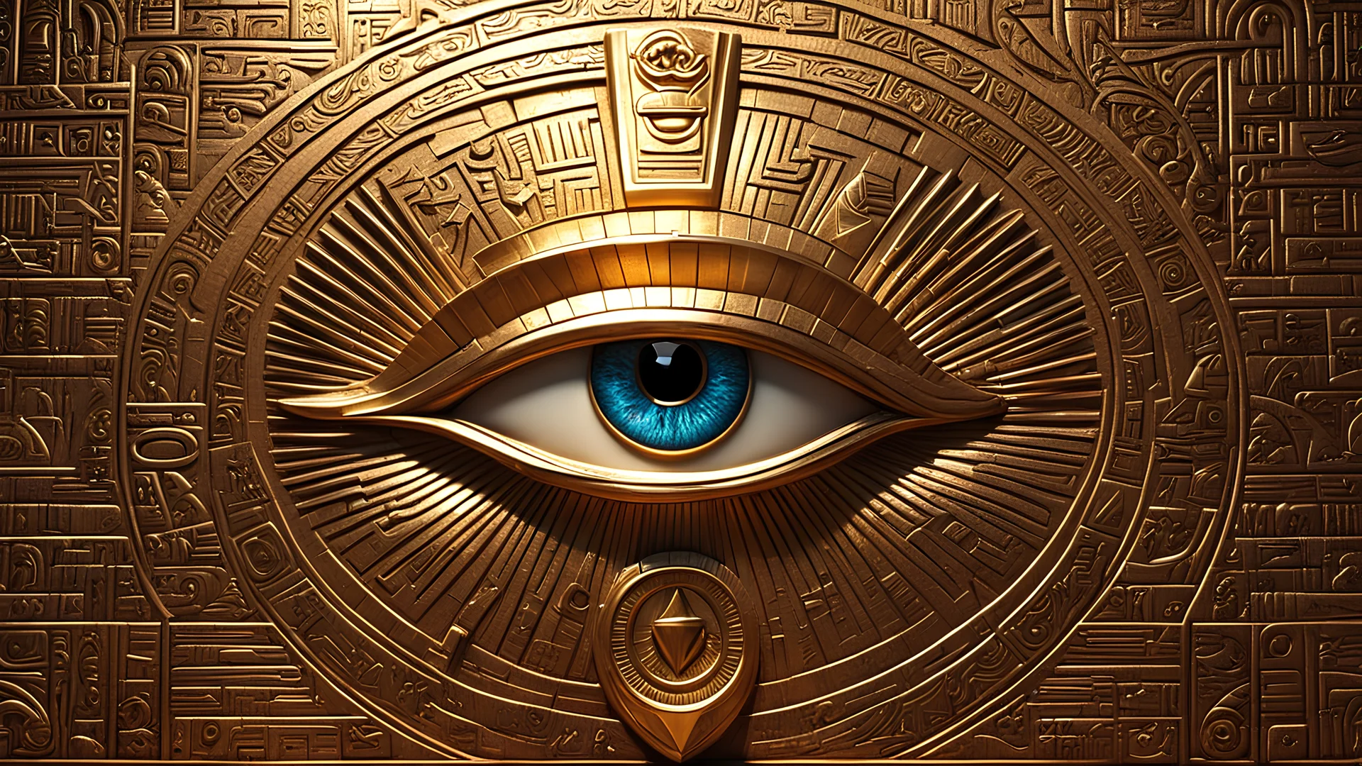 3d, cartoon, Egyptian motif, A metallic bas relief of the Eye of Horus on a wall surrounded by hieroglyphics well lit cinematic bright incandescent lighting