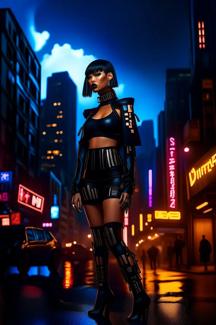 full-body-art of a woman with a bob with a fringe hairstyle, Cleopatra clothing, black knee-high boots, cyberpunk city background