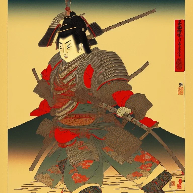 human Samurai Japanese Ukiyo-e, sun in the background, walking in the mountains