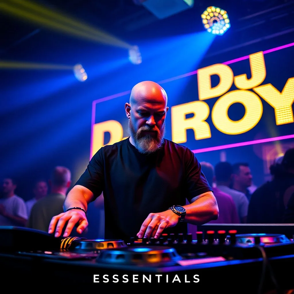 A dj on a night rave club standing mixing songs , he looks like Bryan Cranston kinda, bald with beard. strobes and blue yellow light, a big sign with "DJ ROY" in the background, this is a album cover for his dj roy essentials album.