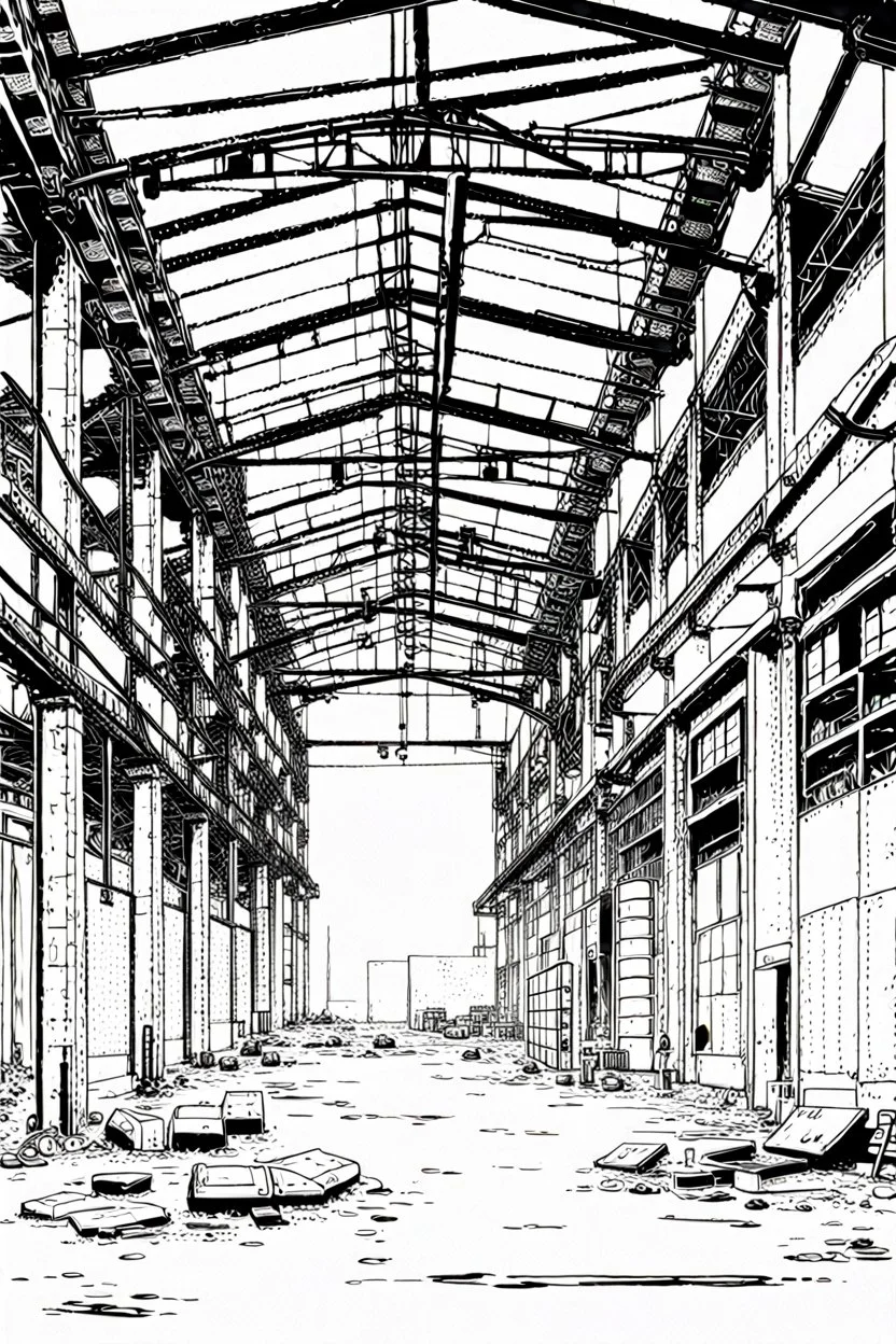 Abandoned industrial warehouses, line arts, manga style