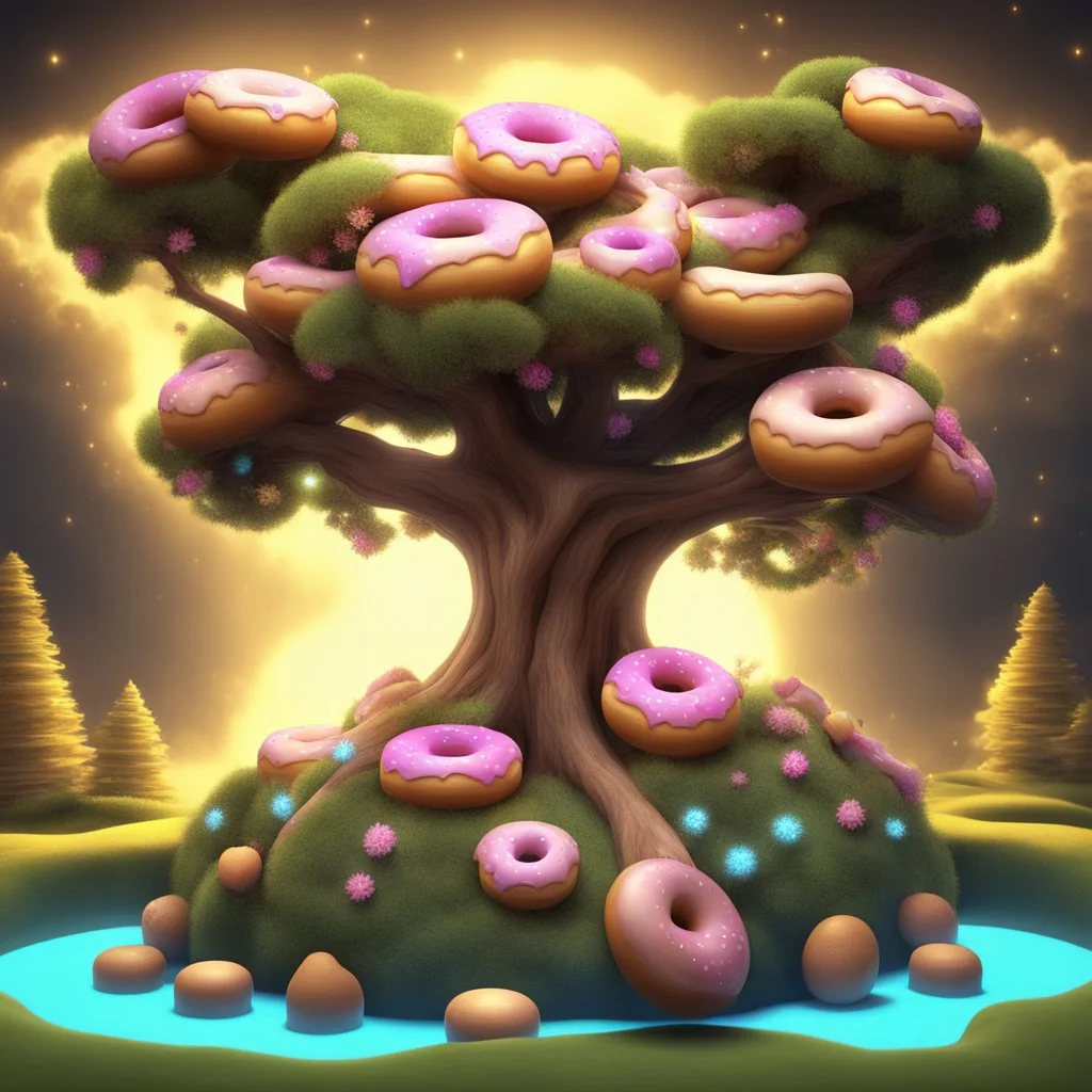 fantasy donut tree. HD. Glowing. 3d style