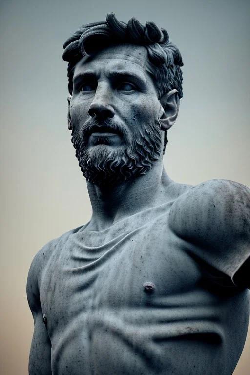 Ultra Realistic image, roman sculpture, deluxe marble material, Lionel Messi, Laurel wreath, Renaissance style, miguel angel David style, chisel style, emperor, waist up portrait, epic, celestial, cinematic lighting, God light, god rays, 4k resolution, smooth details, ornate details, unreal engine 5, blue vibrant background.