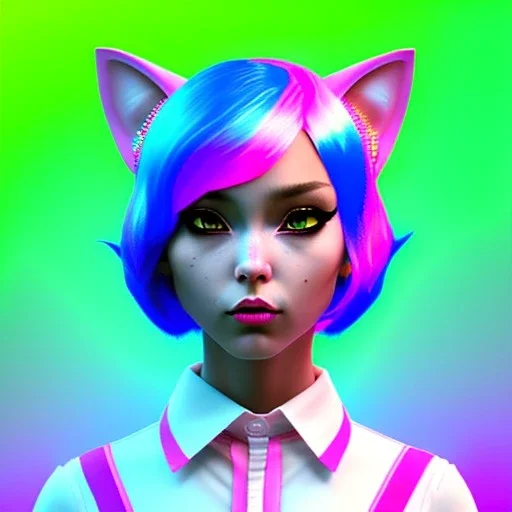 waitress teenager, cat ears headband, rounded face, pink hair, pink makeup, striped shirt, vibrant color, highly detailed, gradient background, concept art, smooth, 16 bit, unreal engine 5, god rays, ray tracing, RTX, lumen lighting, ultra detail, volumetric lighting, 3d, finely drawn, high definition, high resolution.