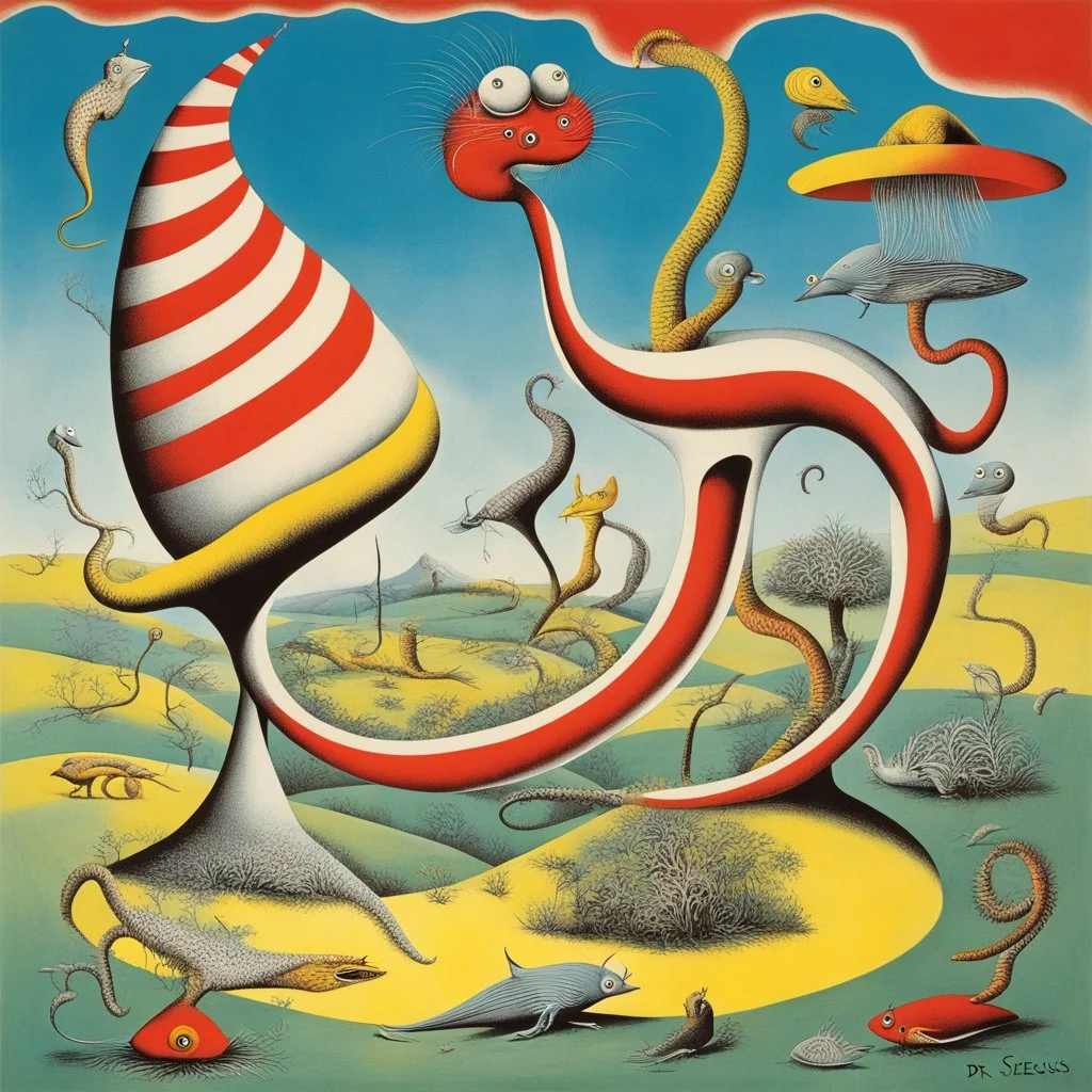 surrealism, animal contrivances, regulating absurdity, by Dr Seuss and Desmond Morris, mind-bending surreal image, weirdlings classic surreal elements, weirdcore, makes no sense, dynamic diagonal composition, sharp contrast, bright colors