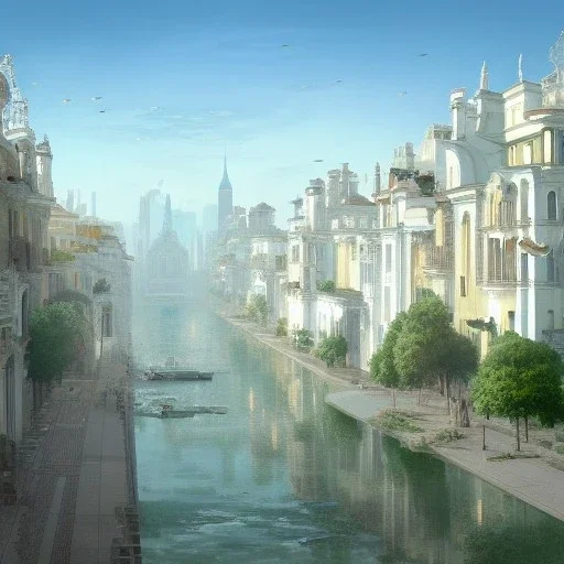 Skyline,white Metropolis on sea,Beaux Arts architecture,Vignola classicism+palladio+ colourful town+liveable street+detailed facades+tiles rooftops+green city,uphill road,trees on walkway,elegant avenue, biopunk+alphonse mucha, greg rutkowski,matte painting, cryengine, hyper detailed, felix kelly, fantasy art, seb mckinnon"