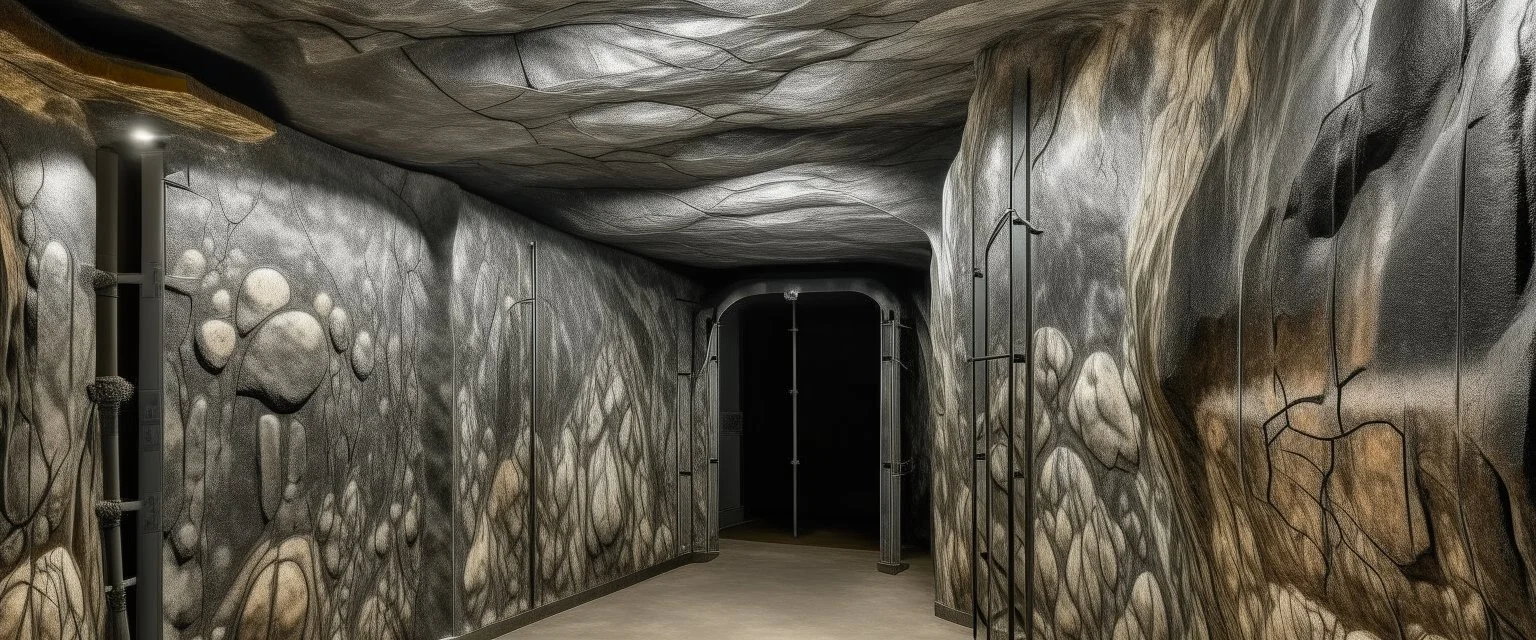 A gray metallic cave with iron designed in Ica stones painted by Edvard Munch