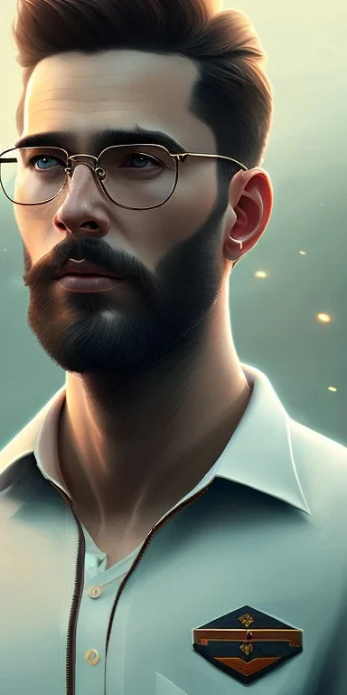 boy, young, glasses, beard, brown hair, brown eyes, medium hair, bangs side part, head and shoulders portrait, head and shoulders portrait, 8k resolution concept art portrait by Greg Rutkowski,