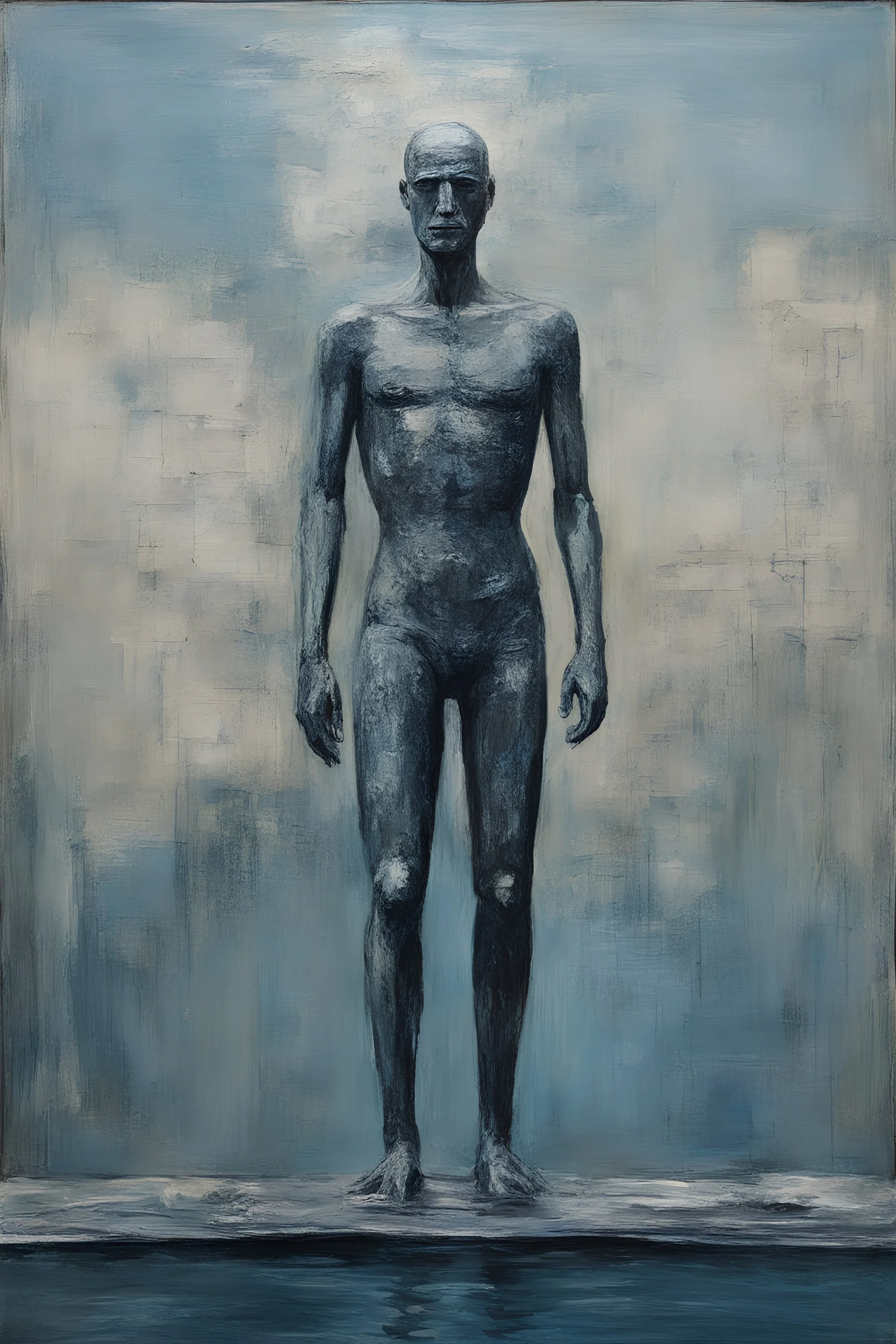 A hauntingly beautiful mixed painting representing a man swiming view from the top that harmoniously blends the sculptural forms of Henry Moore with the elongated figures of Alberto Giacometti in a Nicolas de stael composition, blue grey tints. highly detailed and painting textured