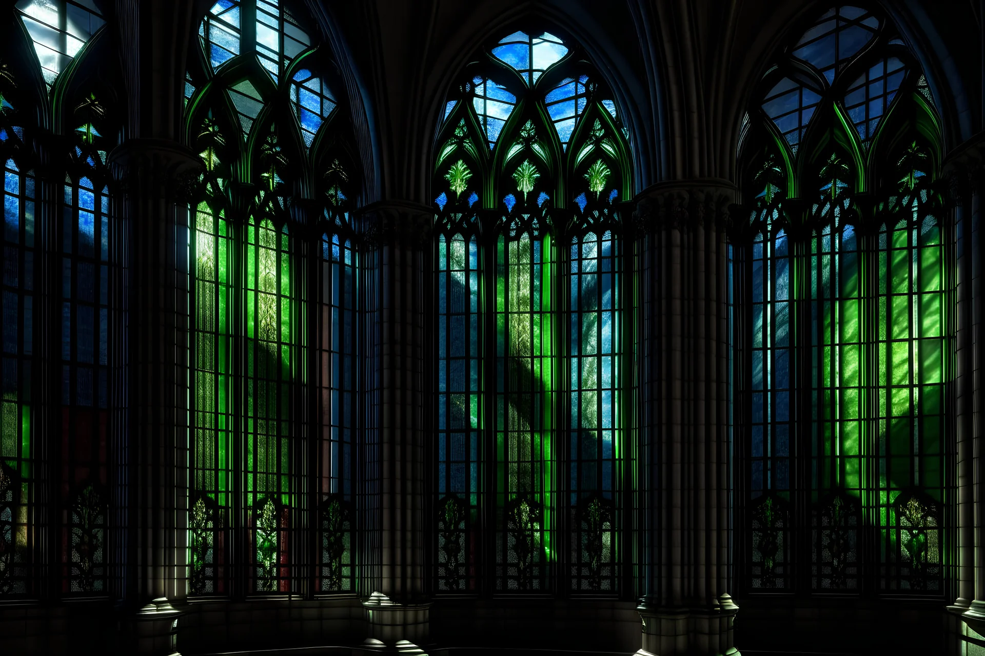 stained glass windows in a dark cathedral monumental