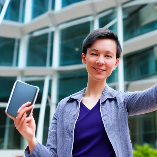 A short haired, female computer engineer taking a selfie in front of Building 92 at Microsoft