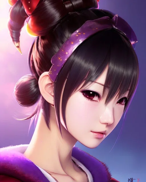 Detailed cute anime Kunoichi girl in sexy Santa clothing, purple hair buns, purple bangs, intricate details, full body portrait, keep head in frame, slight smile, black Japanese motif, concept art, highly detailed, digital painting, concept art, sharp focus, illustration, art by Yoji Shinkawa, WLOP and greg rutkowski and alphonse mucha and artgerm and yanjun Chen and Junji ito and Makoto Shinkai, HDR, octane render