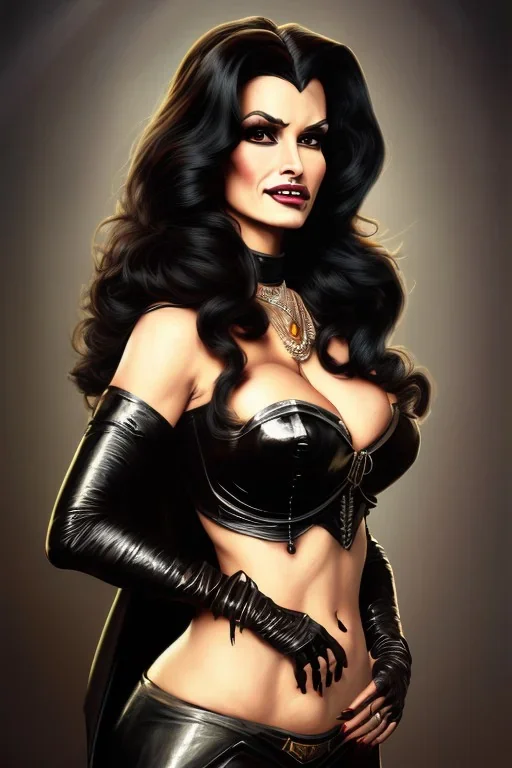 painting of lisa ann as evil queen in black leather, feminie, angry, stern look on her face, volouptous, busty, cleavage, emperious, mature, highly detailed, digital painting, artstation, concept art, smooth, sharp focus, illustration, art by gaston bussiere and alphonse mucha